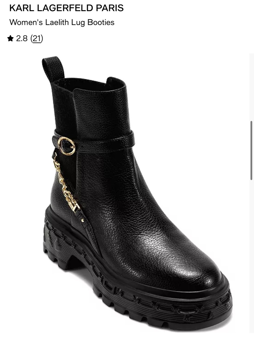 Karl Lagerfeld Black Pebbled Leather Lug Ankle Boots with Gold Chain